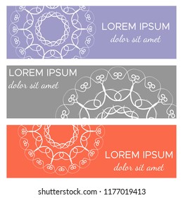 Set of abstract horizontal header banners with geometric circular elements and place for text. Colorful backgrounds for web design. Vector illustration