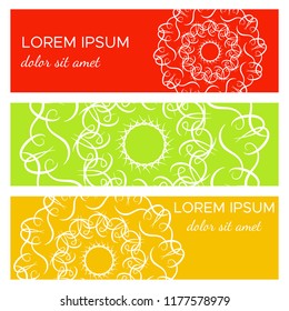 Set of abstract horizontal header banners with geometric circular elements and place for text. Colorful backgrounds for web design. Vector illustration
