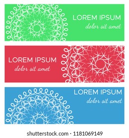 Set of abstract horizontal header banners with geometric circular elements and place for text. Colorful backgrounds for web design. Vector illustration
