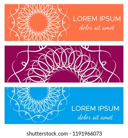 Set of abstract horizontal header banners with geometric circular elements and place for text. Colorful backgrounds for web design. Vector illustration