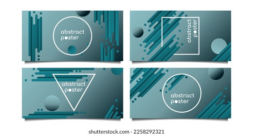 Conjunto de afiches horizontales abstractos con formas geométricas redondeadas y marcos en forma de círculo, cuadrado y triángulo elevado sobre fondo de gradiente verde para banner, presentación, fondo de pantalla, diseño de interfaz de usuario