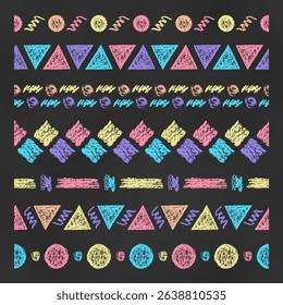 Set of Abstract Horizontal Seamless Borders Chalk Drawn Sketches of Simple Shapes. Collection of Textural Crayon Drawings of Endless Ornaments for Cards, Banners, Covers, Postcards, Envelopes, Forms.