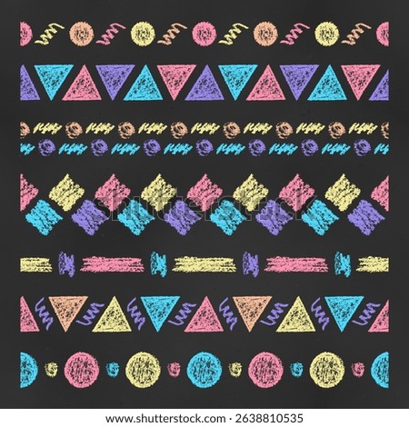Set of Abstract Horizontal Seamless Borders Chalk Drawn Sketches of Simple Shapes. Collection of Textural Crayon Drawings of Endless Ornaments for Cards, Banners, Covers, Postcards, Envelopes, Forms.