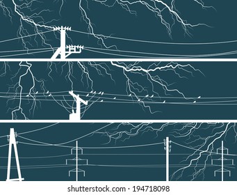 Set abstract horizontal vector banners of thunderstorm lightning with power line.