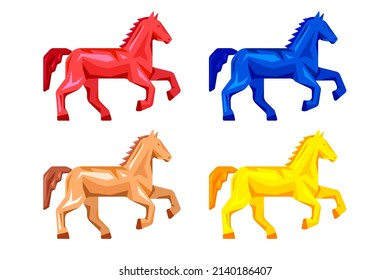 Set of abstract horses in different colors. Collage, mosaic, decorative mare running with raised front hooves. Isolated on white background. Graphic vector illustration