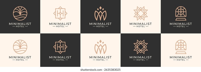 Set of abstract hotel logos. Geometric minimal line style usable for holiday, hotel and vacation.