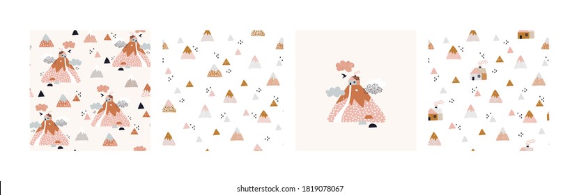 Set of abstract houses in the mountains seamless patterns. Cute geometric and doodle mountain backgrounds collection. Vector illustration for textile, wallpaper, surface design. Sweet home concept