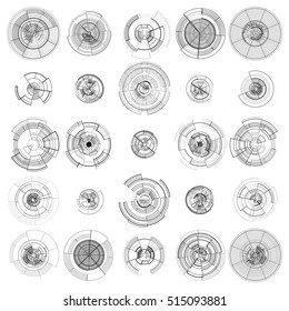 Set of abstract hud elements isolated on white background. High tech motion design, round interfaces, connecting systems. Science and technology concept. Futuristic vector.