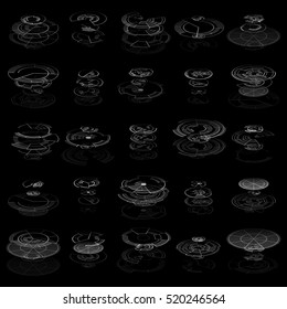 Set of abstract hud elements isolated on black background. High tech, virtual graphic touch element. UI infographic web symbols. Science and technology concept. Futuristic vector