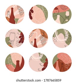 Set of abstract icons created manually.Colorful cards with wine bottle, glass, branch of grape with leaves.Vector illustration on the theme of wine.