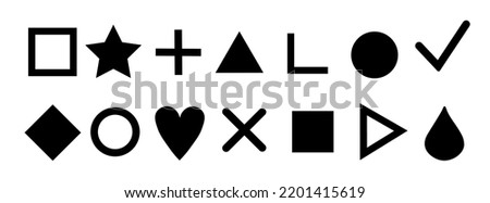 Set of abstract icons, figures, various shapes for design and decoration. Collection of geometric elements templates.
Black symbols: cross, circle, triangle, plus,
 rhombus, heart.
Vector image.