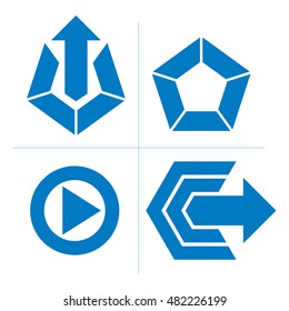 Set of abstract icons, play sign, special arrow. Vector push buttons, multimedia arrow symbol isolated on white background. Collection of graphic elements.