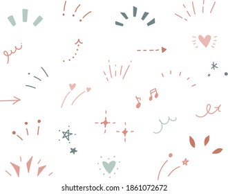 A set of abstract icons representing awareness, attention, concentration, surprise, ideas, inspiration, speech bubbles, and various hand-drawn illustrations