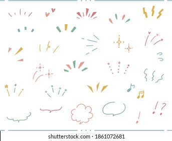 A set of abstract icons representing awareness, attention, concentration, surprise, ideas, inspiration, speech bubbles, and various hand-drawn illustrations