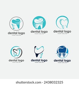 Set of abstract icons, signs and symbols with tooth for dental clinic logo concept in blue and white colors