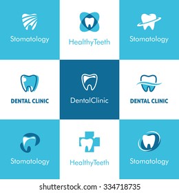 Set of abstract  icons, signs and symbols with tooth for dental clinic logo concept in blue and white colors