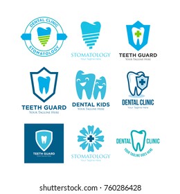 Set of abstract icons, signs and symbols with tooth for dental clinic logo concept in blue, green, and white colors