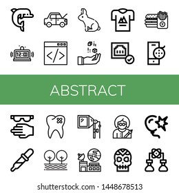 Set of abstract icons such as Dolphin, Alarm, Car, Coding, Rabbit, Dice, T shirt, Connected, Burger, Film reel, Protective, Drop, Broken tooth, Tree, Flash, Satellite , abstract
