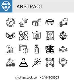 Set of abstract icons such as Hive, Compass, Shirts, Car, Sportive car, Global network, Eye, Atom, Statistics, Bible, Armillary sphere, Bar chart, Folder, Soap, Butterfly , abstract