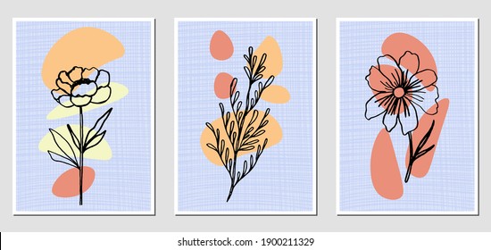 Conjunto de ilustraciones abstractas con manchas coloridas y flores negras. Se puede usar para cualquier tipo de diseño. Plantilla de vectores.