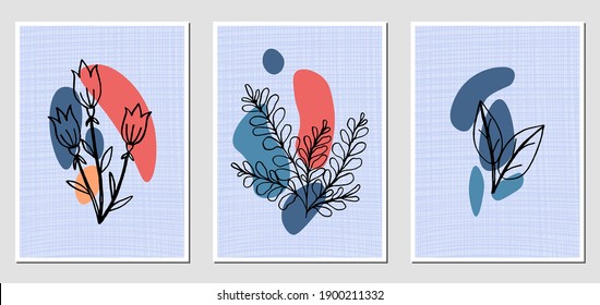 Set of abstract illustractions with colorful spots and black flowers. Can be used for any kind of a design. Vector template.