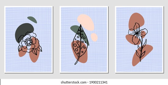 Conjunto de ilustraciones abstractas con manchas coloridas y flores negras. Se puede usar para cualquier tipo de diseño. Plantilla de vectores.