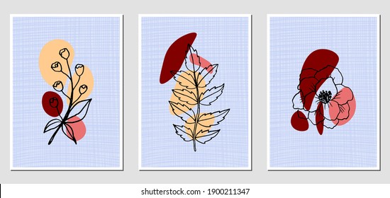 Set of abstract illustractions with colorful spots and black flowers. Can be used for any kind of a design. Vector template.