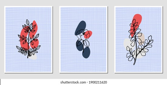 Set of abstract illustractions with colorful spots and black flowers. Can be used for any kind of a design. Vector template.