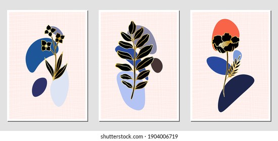 Set of abstract illustractions with colorful spots and black and golden flowers. Set of creative greeting cards. Can be used for any kind of a design. Vector template.	