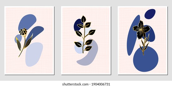 Set of abstract illustractions with colorful spots and black and golden flowers. Set of creative greeting cards. Can be used for any kind of a design. Vector template.	