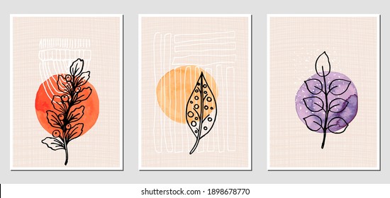 Set of abstract illustractions with watercolor geometric blurs, black flowers and white lines. Can be used for any kind of a design. Vector template.