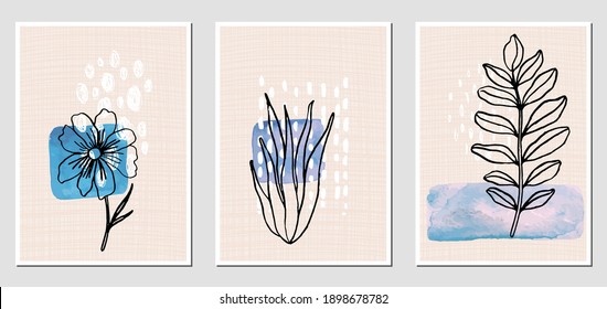 Set of abstract illustractions with watercolor geometric blurs, black flowers and white lines. Can be used for any kind of a design. Vector template.