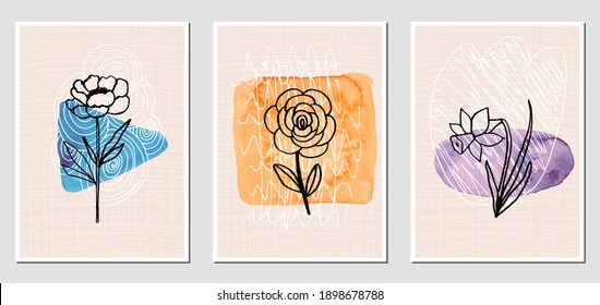 Set of abstract illustractions with watercolor geometric blurs, black flowers and white lines. Can be used for any kind of a design. Vector template.