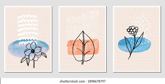 Set of abstract illustractions with watercolor geometric blurs, black flowers and white lines. Can be used for any kind of a design. Vector template.