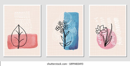 Set of abstract illustractions with watercolor geometric blurs, black flowers and white lines. Can be used for any kind of a design. Vector template.