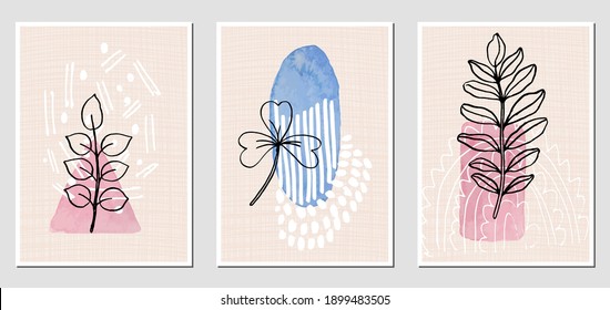 Set of abstract illustractions with watercolor geometric blurs, black flowers and white lines. Can be used for any kind of a design. Vector template.