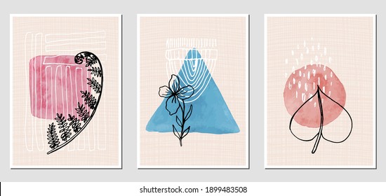 Set of abstract illustractions with watercolor geometric blurs, black flowers and white lines. Can be used for any kind of a design. Vector template.