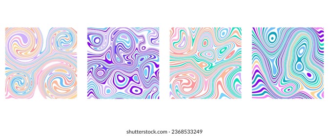 SET ABSTRACT ILLUSTRATION MARBLED TEXTURE LIQUIFY PSYCHEDELIC PASTEL COLORFUL DESIGN. OPTICAL ILLUSION BACKGROUND VECTOR DESIGN