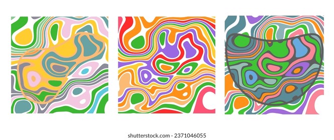 SET ABSTRACT ILLUSTRATION MARBLED TEXTURE LIQUIFY PSYCHEDELIC PASTEL COLORFUL DESIGN. OPTICAL ILLUSION BACKGROUND VECTOR DESIGN