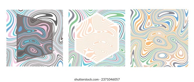 SET ABSTRACT ILLUSTRATION MARBLED TEXTURE LIQUIFY PSYCHEDELIC PASTEL COLORFUL DESIGN. OPTICAL ILLUSION BACKGROUND VECTOR DESIGN