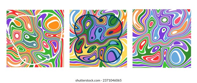 SET ABSTRACT ILLUSTRATION MARBLED TEXTURE LIQUIFY PSYCHEDELIC PASTEL COLORFUL DESIGN. OPTICAL ILLUSION BACKGROUND VECTOR DESIGN