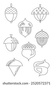 A set of abstract illustrations of acorns in a minimalistic style. Each acorn has unique geometric patterns.