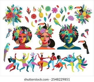 Conjunto de ilustrações abstratas. Carnaval no Brasil. Designs isolados de vetores para o conceito de carnaval e outros usos