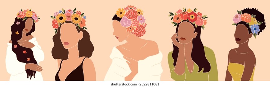 Conjunto de ilustraciones abstractas con retratos sin rostro de mujeres con flores silvestres. Niñas con flores de campo. Diseño minimalista, siluetas femeninas y Elementos florales.