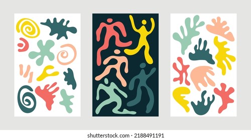 Set of abstract illustrations in the style of Matisse, exotic summer doodles, corals, dancing people, flowers. Modern, geometric and organic shapes to create logos, patterns, posters, covers, postcard