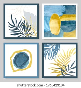 Set of abstract illustrations with watercolor texture, gold strokes and tropical leaves.Minimalistic design,hand-drawn creative elements.Backgrounds for decorating walls, covers,postcards, brochures