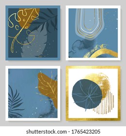 Set of abstract illustrations with watercolor texture, gold strokes and tropical leaves.Minimalistic design,hand-drawn creative elements.Backgrounds for decorating walls, covers,postcards, brochures
