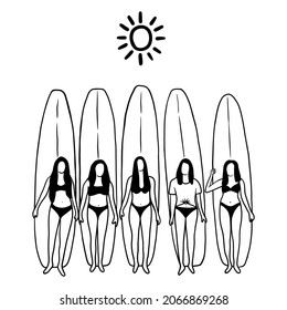 A set of abstract illustrations of women standing with surfboards