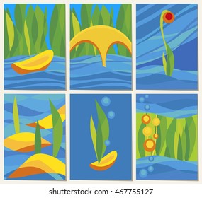 Set of abstract image in blue, yellow and green colors. Theme of water and plant. Can be used in cover design, book design, website background, CD cover, advertising.
