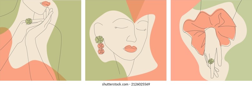 Set of abstract images of female hands and faces. Vector linear illustration. For posters, logos of fashion brands, cosmetics brands